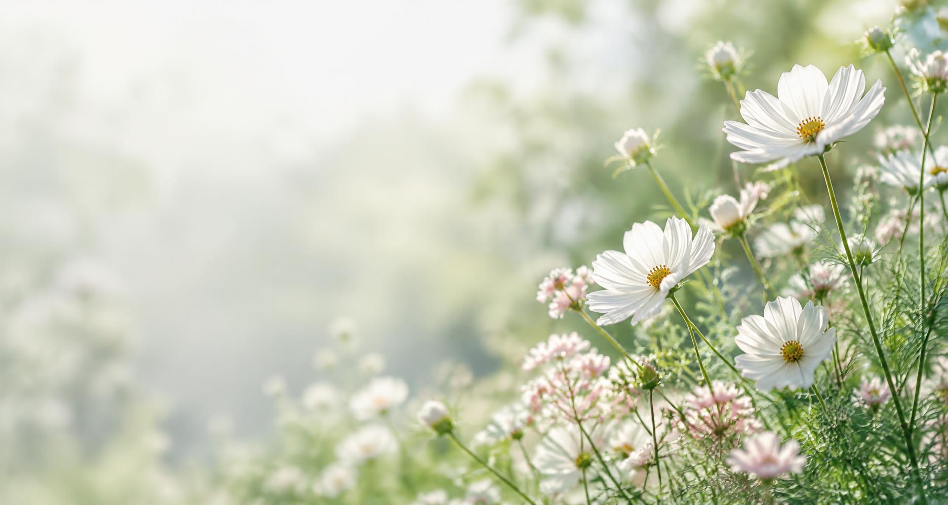White cosmos flowers growing in a sunlit garden